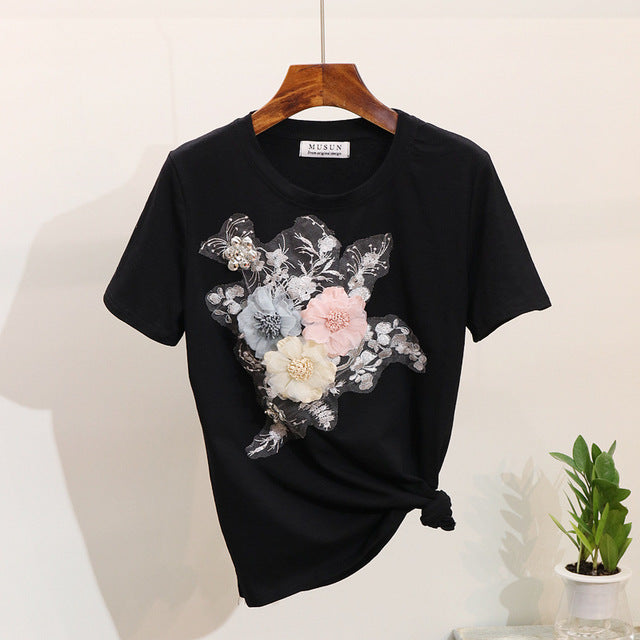 ALPHALMODA 3D Flower Applique Fashion Tshirt Slim Denim Pants Women Heavy-work Fine Quality Clothing for Summer Trendy Apparel