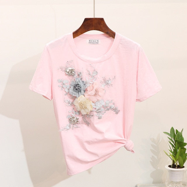 ALPHALMODA 3D Flower Applique Fashion Tshirt Slim Denim Pants Women Heavy-work Fine Quality Clothing for Summer Trendy Apparel