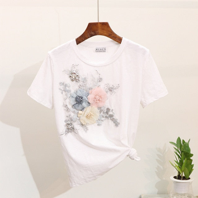 ALPHALMODA 3D Flower Applique Fashion Tshirt Slim Denim Pants Women Heavy-work Fine Quality Clothing for Summer Trendy Apparel