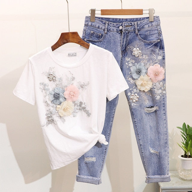 ALPHALMODA 3D Flower Applique Fashion Tshirt Slim Denim Pants Women Heavy-work Fine Quality Clothing for Summer Trendy Apparel