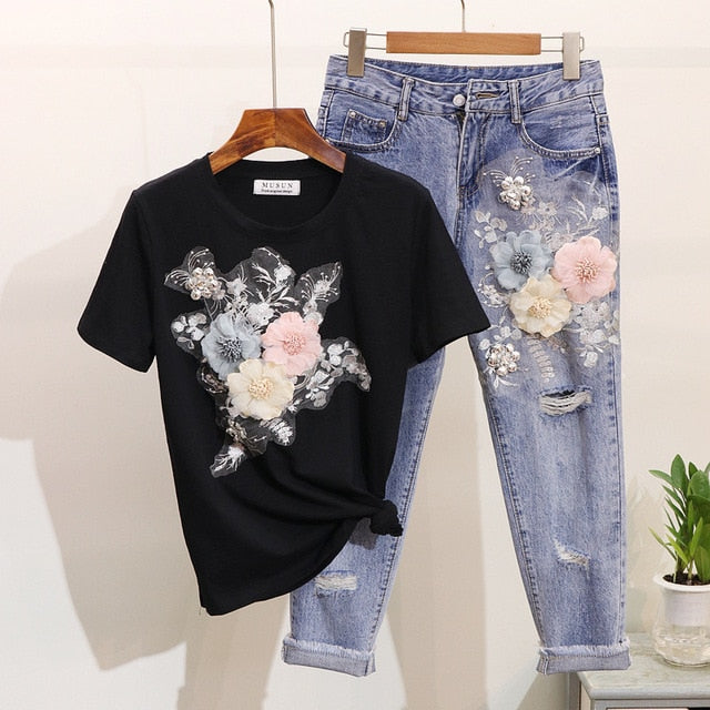 ALPHALMODA 3D Flower Applique Fashion Tshirt Slim Denim Pants Women Heavy-work Fine Quality Clothing for Summer Trendy Apparel