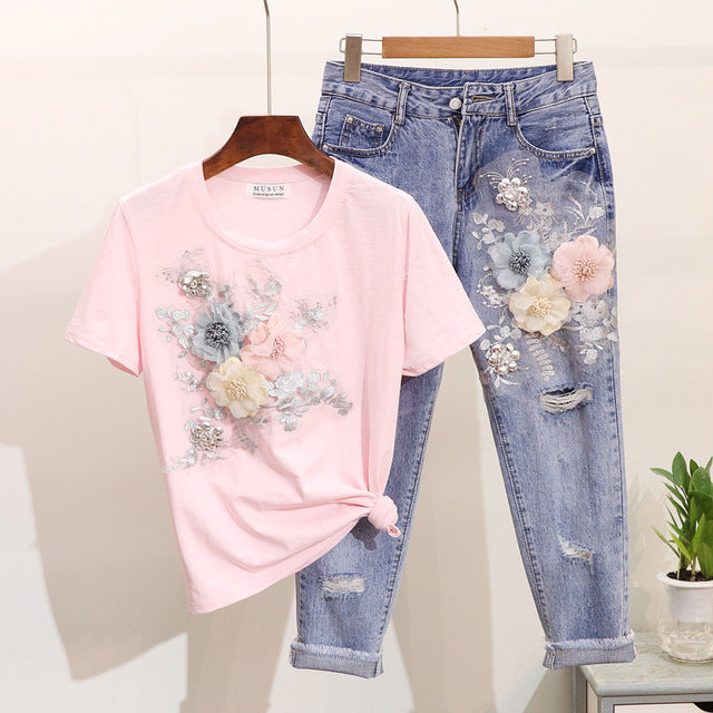 ALPHALMODA 3D Flower Applique Fashion Tshirt Slim Denim Pants Women Heavy-work Fine Quality Clothing for Summer Trendy Apparel
