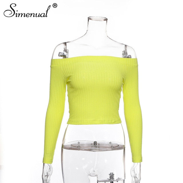 Autumn new 2019 off shoulder crop top t shirts hot sale long sleeve solid short t-shirts for women clothing fashion slim t-shirt