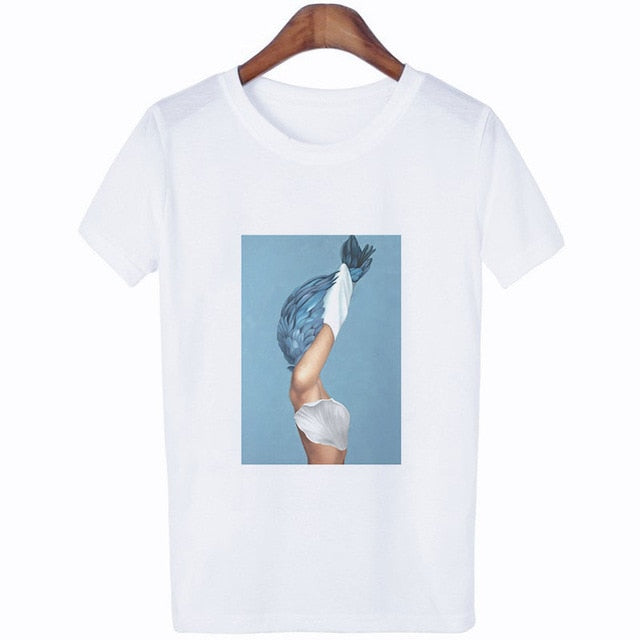 Women Summer Fashion Tumblr Tops Streetwear White Gray Black Tshirt Aesthetics Flowers Feather Print Harajuku Casual T-Shirt
