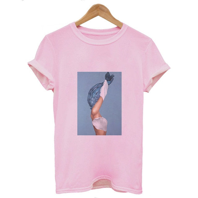 Women Summer Fashion Tumblr Tops Streetwear White Gray Black Tshirt Aesthetics Flowers Feather Print Harajuku Casual T-Shirt