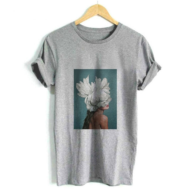 Women Summer Fashion Tumblr Tops Streetwear White Gray Black Tshirt Aesthetics Flowers Feather Print Harajuku Casual T-Shirt
