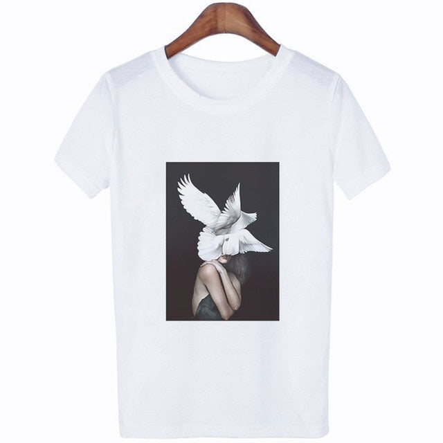 Women Summer Fashion Tumblr Tops Streetwear White Gray Black Tshirt Aesthetics Flowers Feather Print Harajuku Casual T-Shirt