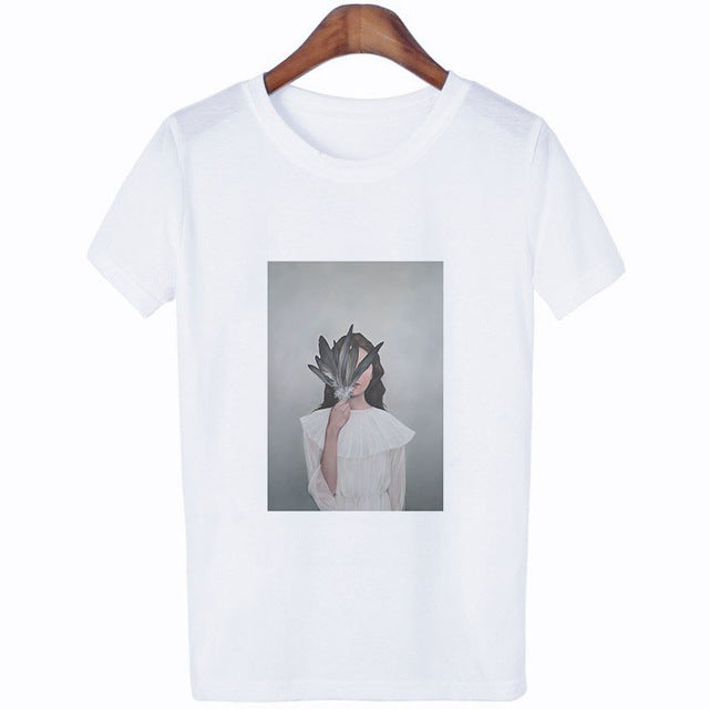 Women Summer Fashion Tumblr Tops Streetwear White Gray Black Tshirt Aesthetics Flowers Feather Print Harajuku Casual T-Shirt