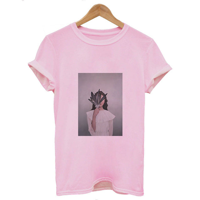 Women Summer Fashion Tumblr Tops Streetwear White Gray Black Tshirt Aesthetics Flowers Feather Print Harajuku Casual T-Shirt