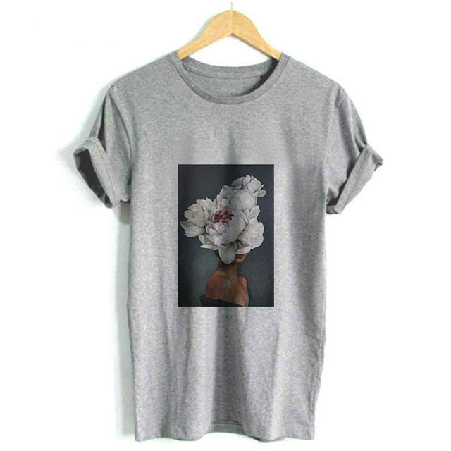 Women Summer Fashion Tumblr Tops Streetwear White Gray Black Tshirt Aesthetics Flowers Feather Print Harajuku Casual T-Shirt